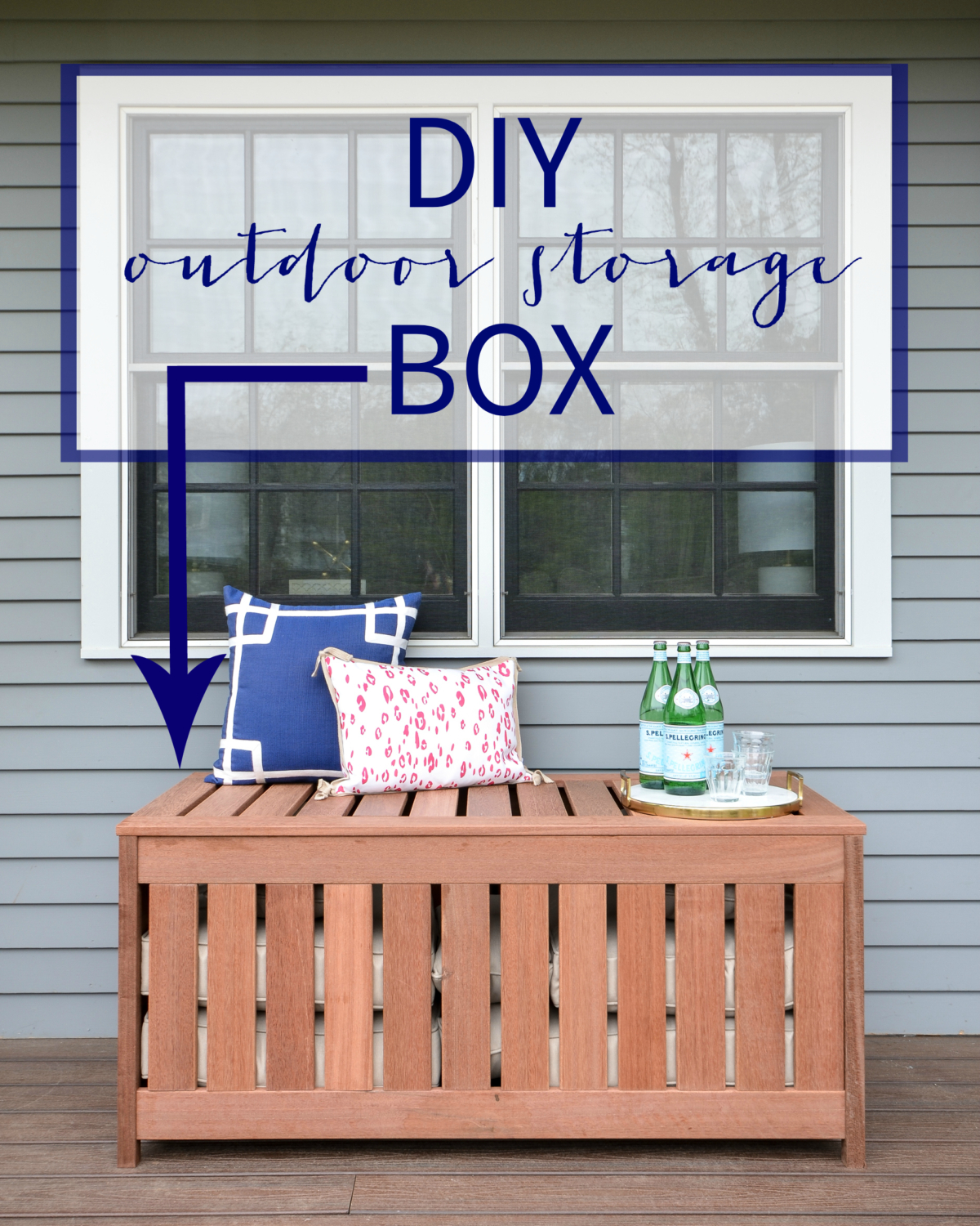 FREE plans for making a DIY outdoor storage box for outdoor cushions! Plus, it doubles as an outdoor bench seat and serving surface.