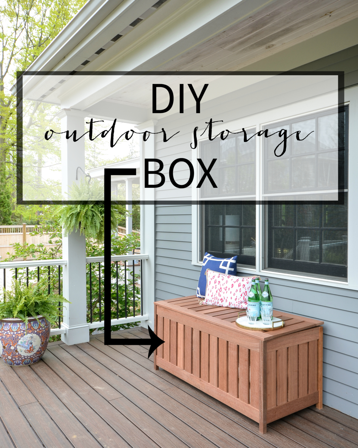 FREE plans for making a DIY outdoor storage box for outdoor cushions! Plus, it doubles as an outdoor bench seat and serving surface.