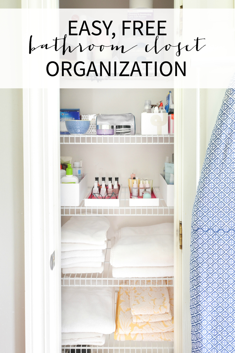 Tips for linen closet organization and bathroom organization, including a FREE way to keep all your toiletries neat and organized!