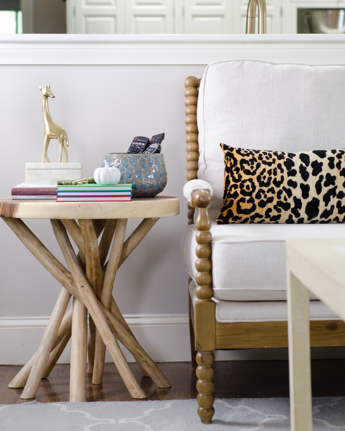 Fall leopard print pillows, spool chair, branch side table, plus ten simple, easy fall decorating ideas you can bring into your home this season for perfect, subtle fall charm.