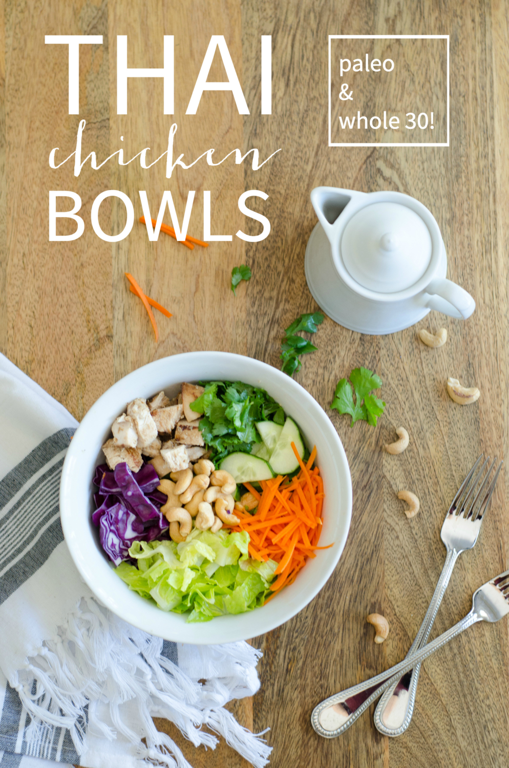 Thai chicken bowls - like thai lettuce wraps in a bowl! Loaded with veggies and topped with a nutty, creamy dressing. Paleo and Whole 30 recipe.