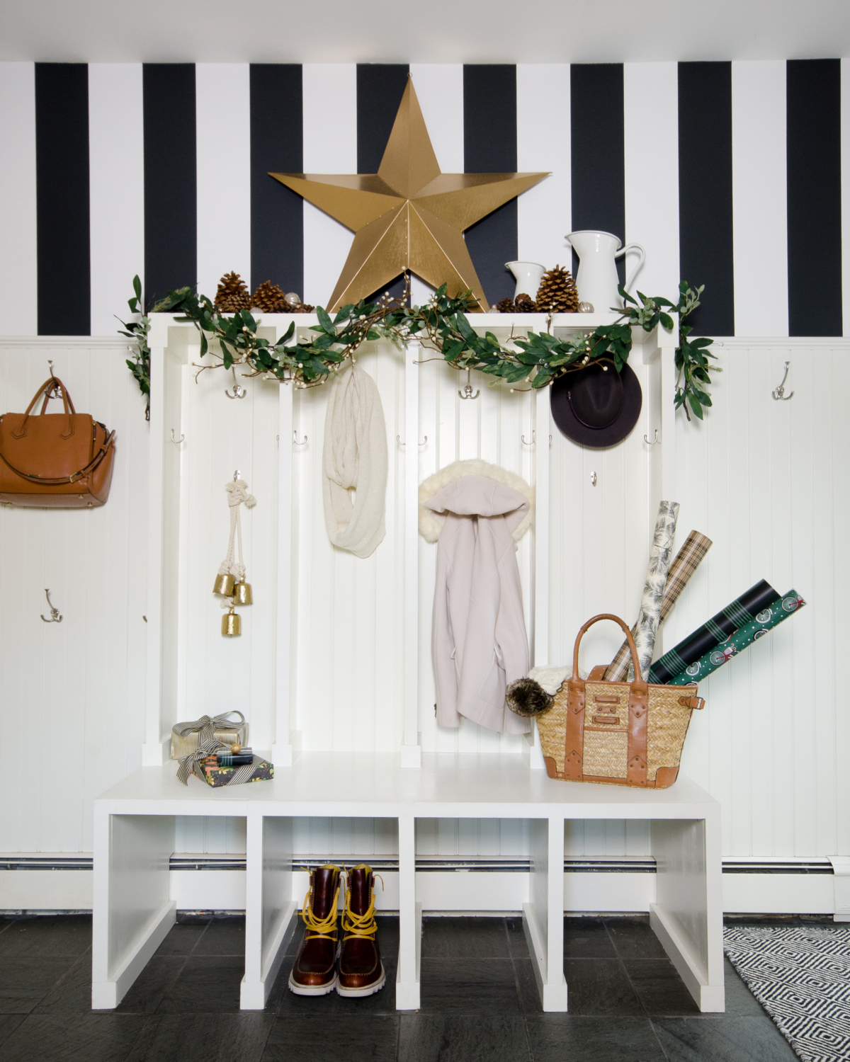 Simple and classic Christmas decorating for the mudroom - black, white, and green. 2017 Holiday Housewalk