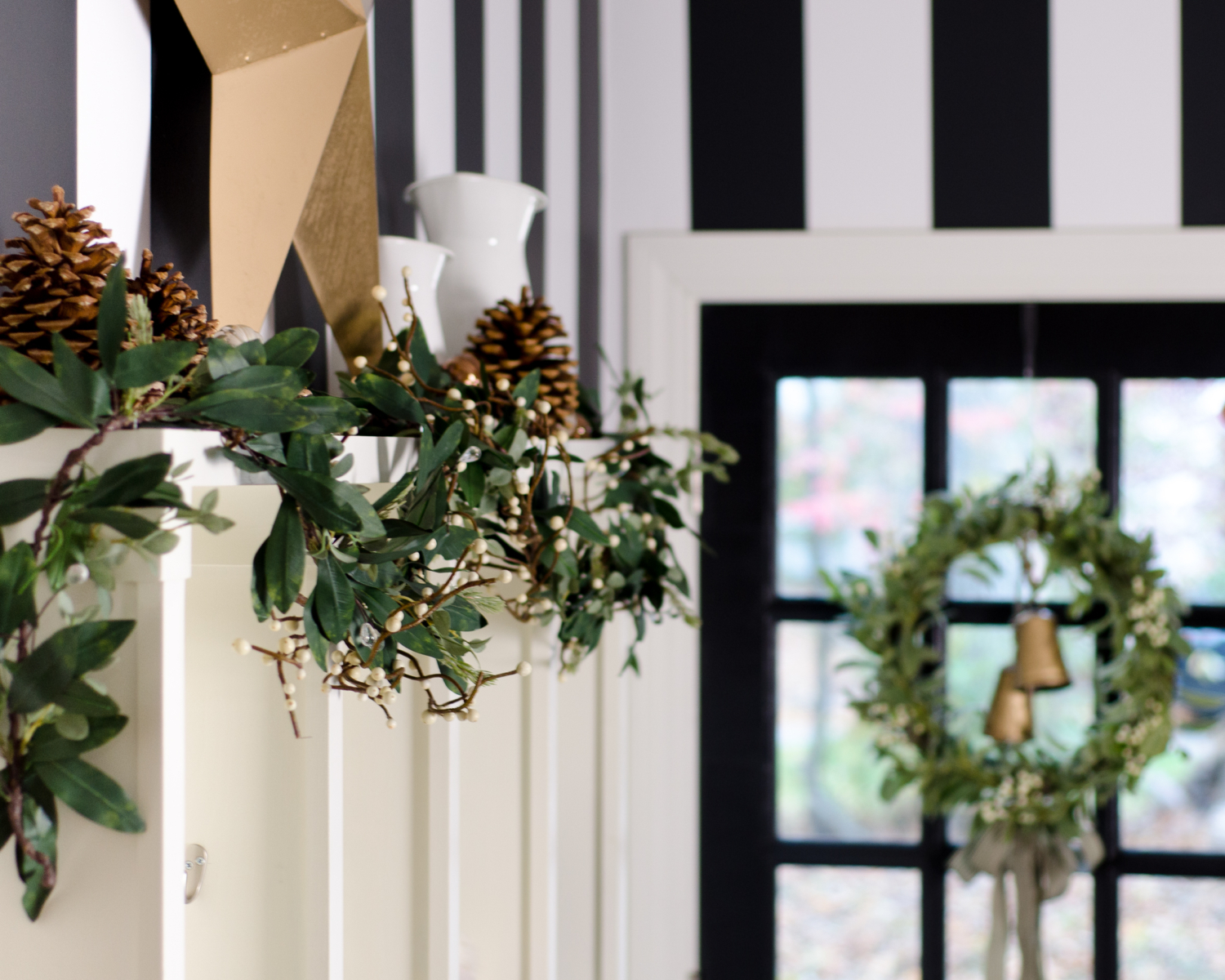 Simple and classic Christmas decorating for the mudroom - black, white, and green. 2017 Holiday Housewalk