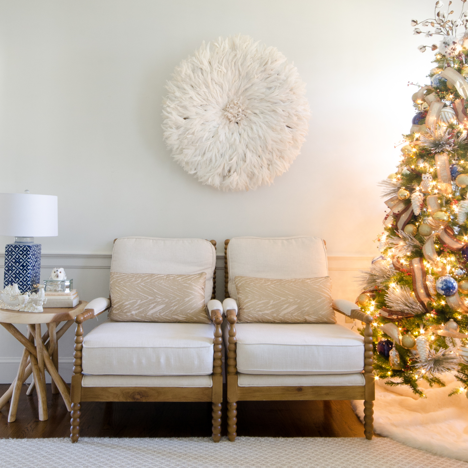 Magical Christmas living room with whites, neutrals, and blues.