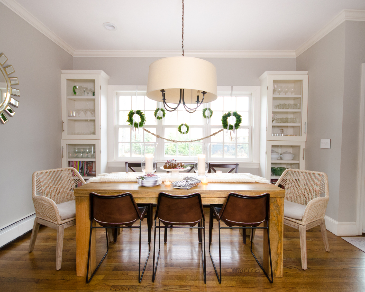 A simple and beautiful classic Christmas kitchen, with breakfast nook