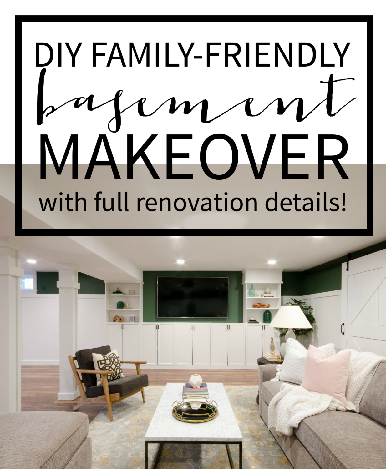 Finished basement family room and playroom with full renovation details. Chic, comfortable, and family-friendly!