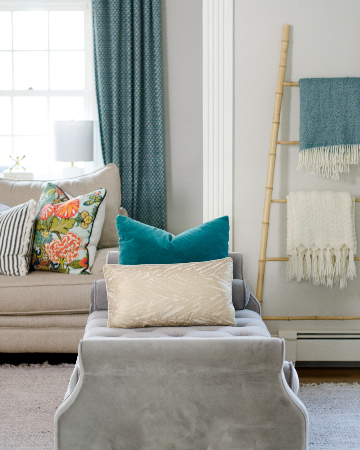 A spring family room that shows how to create a stylish space that's still family friendly. Simple and pretty ideas for spring decorating.