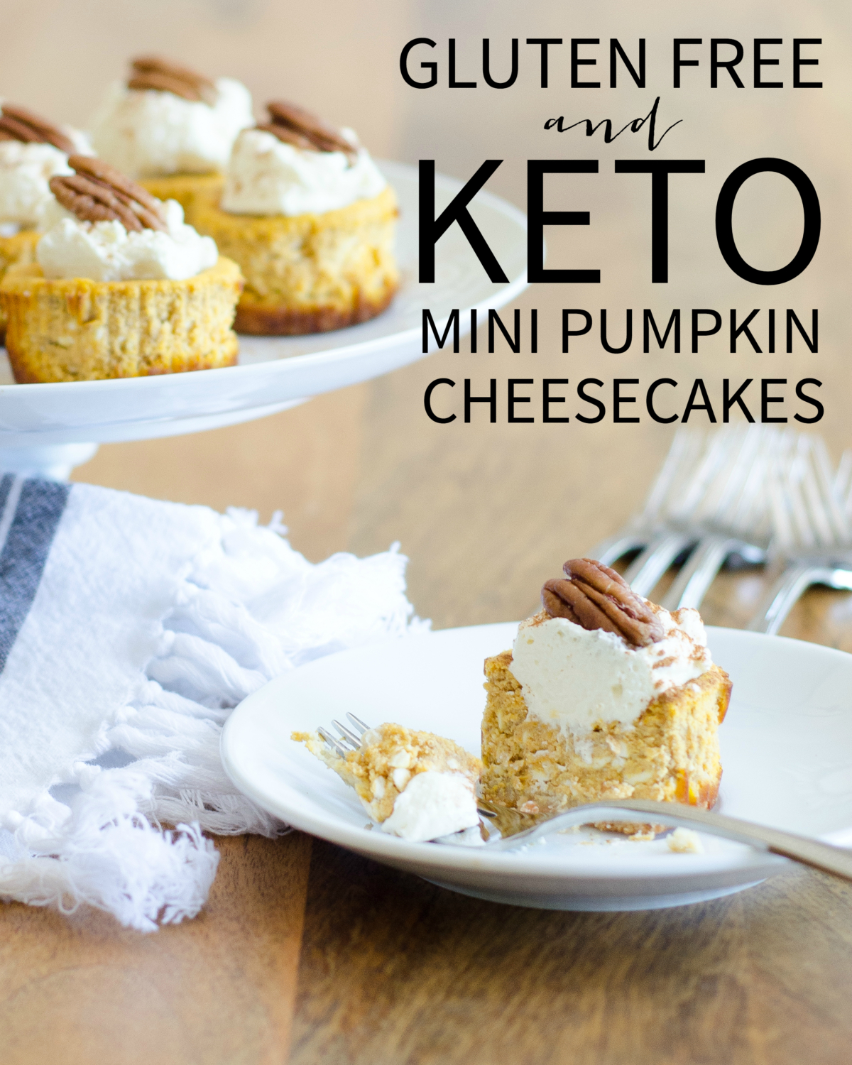 Gluten free and keto mini pumpkin cheesecakes are a perfect fall treat. All the pumpkin spice flavors you love and only 1.8 g of net carbs!