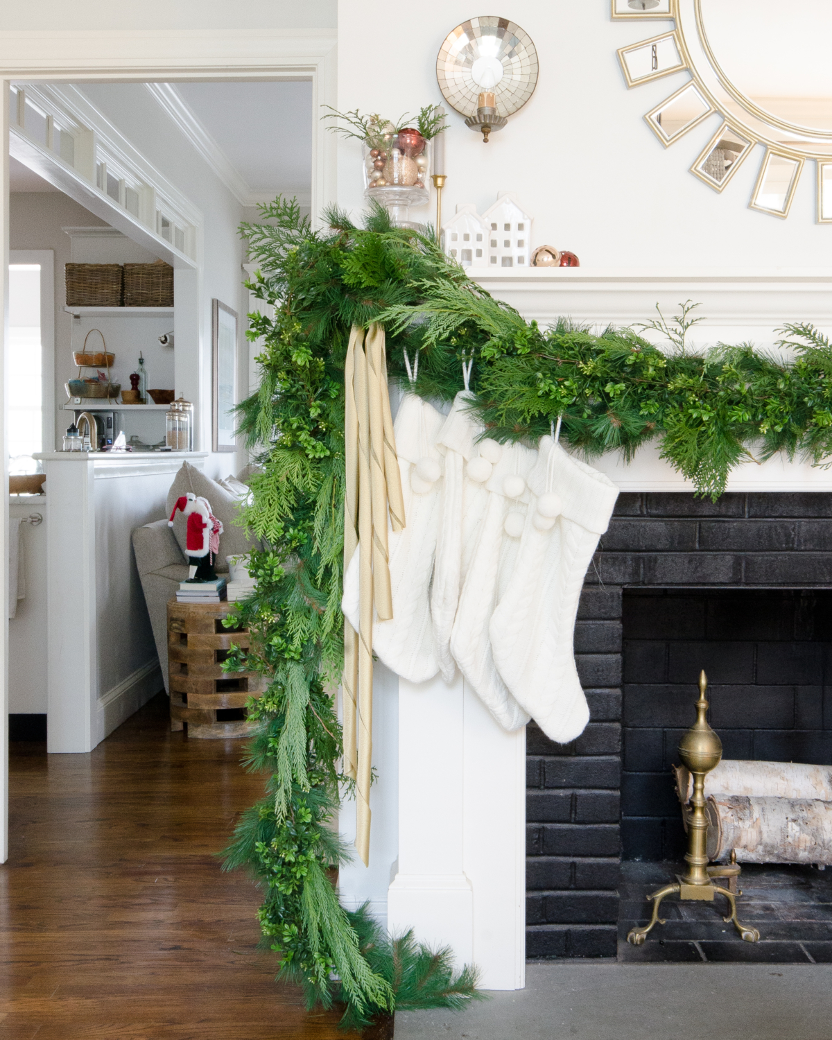 Neutral Christmas mantle with green, gold, and white