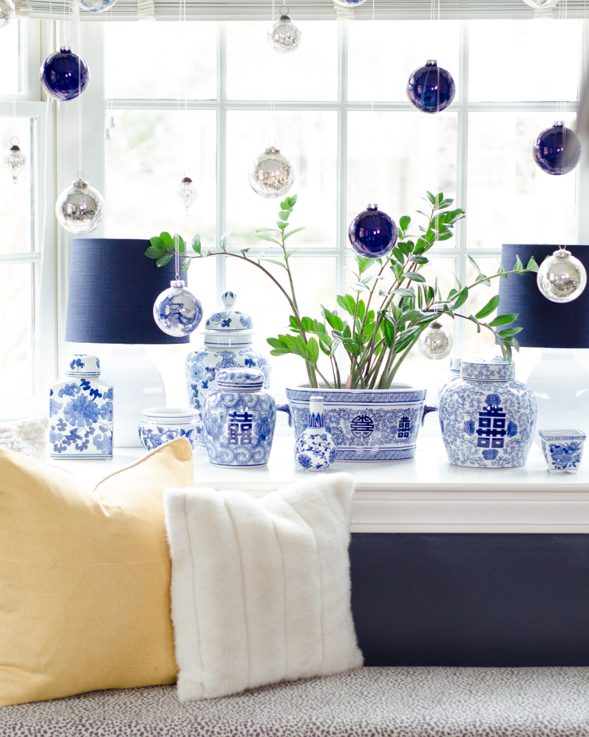 Christmas blue and white ornament window
