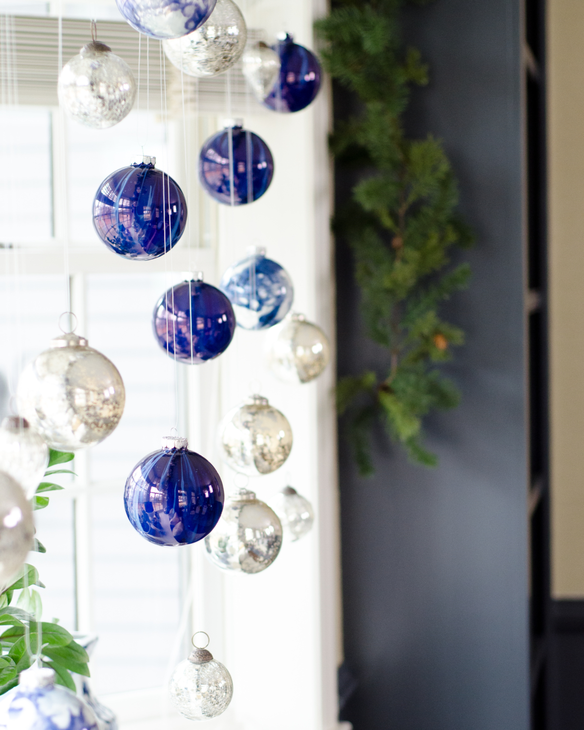 Christmas blue and white ornament window