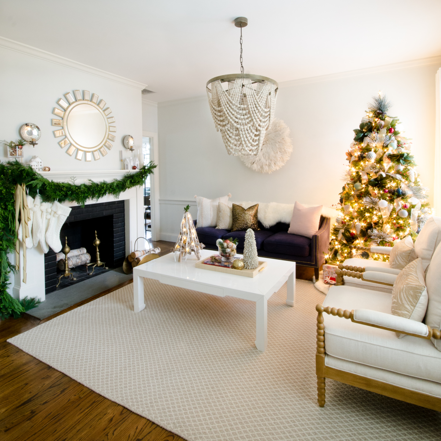 Neutral Christmas living room with white, blush, and cream