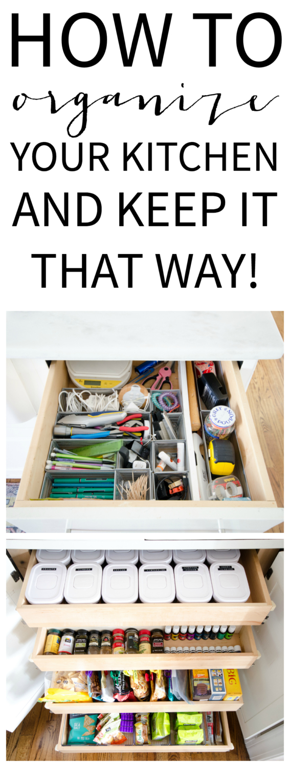 Easy kitchen organization ideas for the snack drawer, junk drawer, spice jars, and all those papers that come into the house every day!