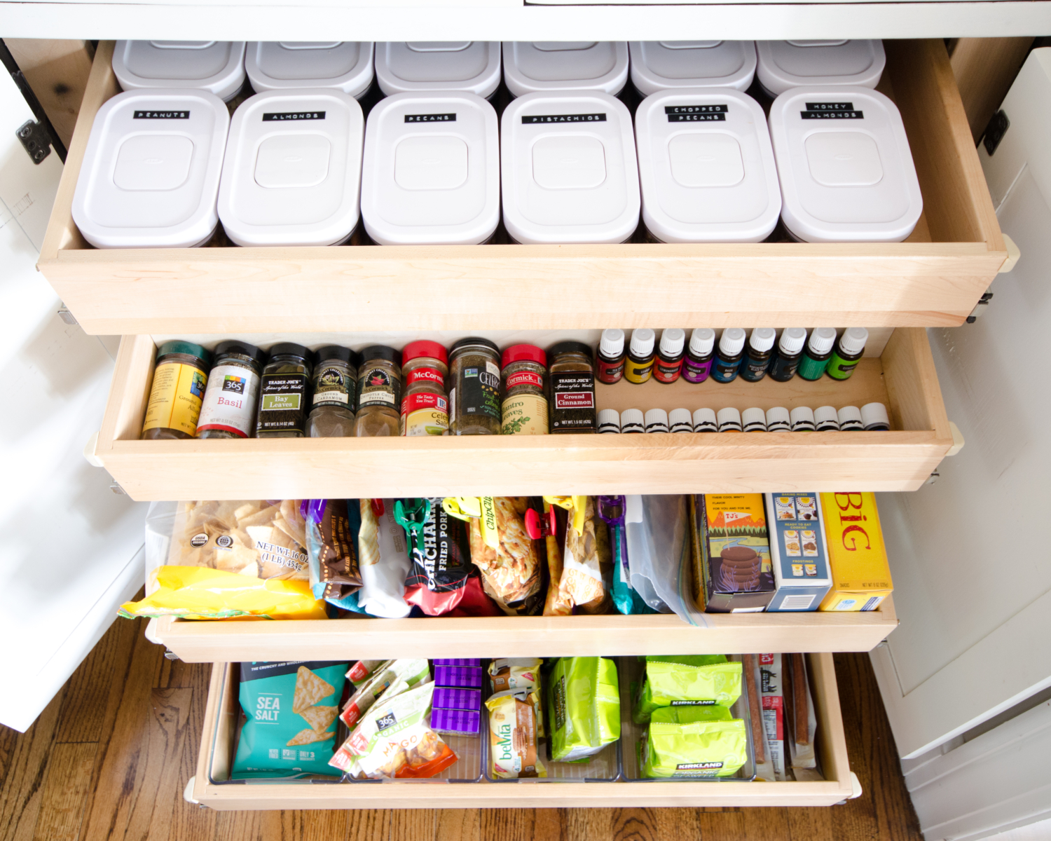 Affordable and easy kitchen organization ideas including how to organize snacks.