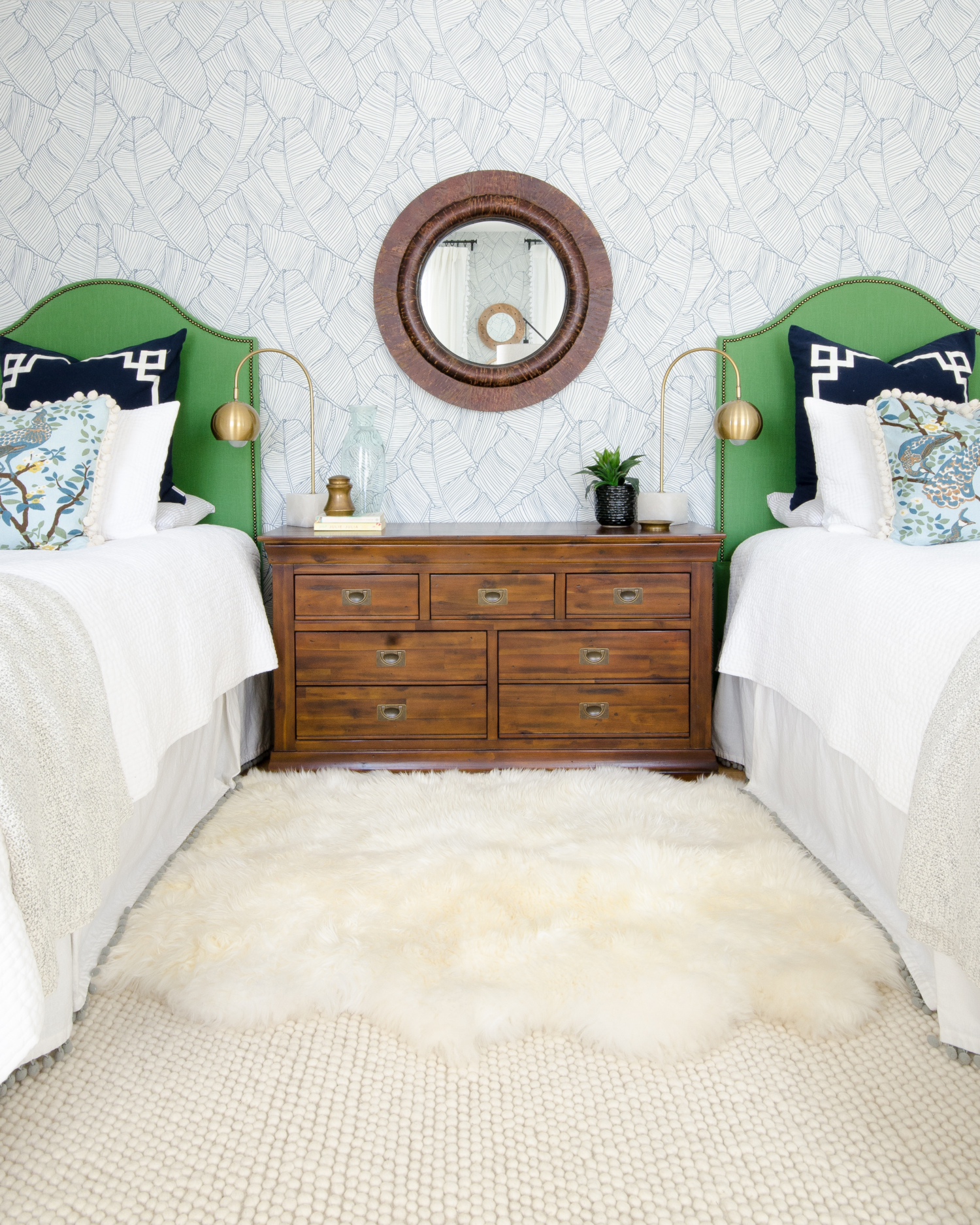 A traditional blue, green, and white bedroom with modern touches. Shows how to create a simple, pretty, and comfortable guest room on a budget!