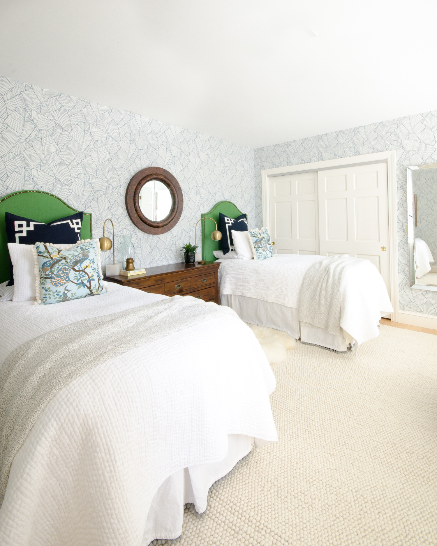 A traditional blue, green, and white bedroom with modern touches. Shows how to create a simple, pretty, and comfortable guest room on a budget!