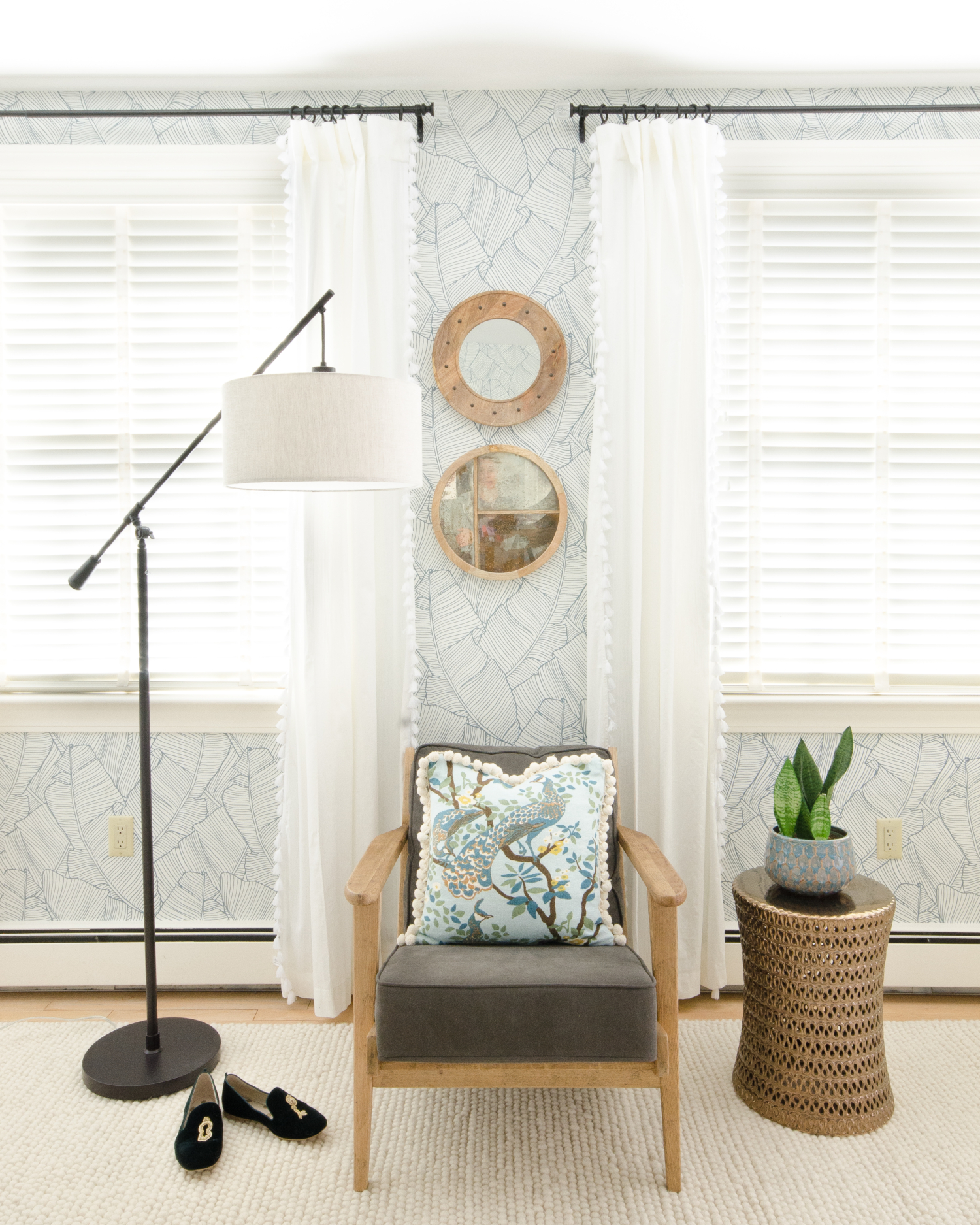 A traditional blue, green, and white bedroom with modern touches. Shows how to create a simple, pretty, and comfortable guest room on a budget!