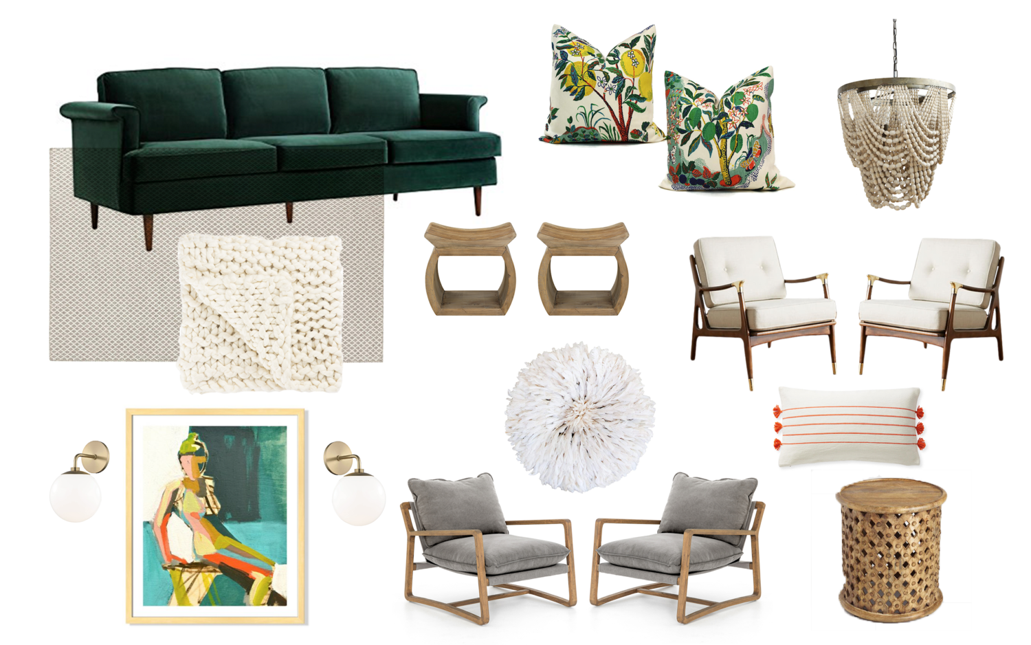 Cozy living room plans with full sources. The design includes a green velvet sofa, comfy lounge chairs, and lots of textural elements.