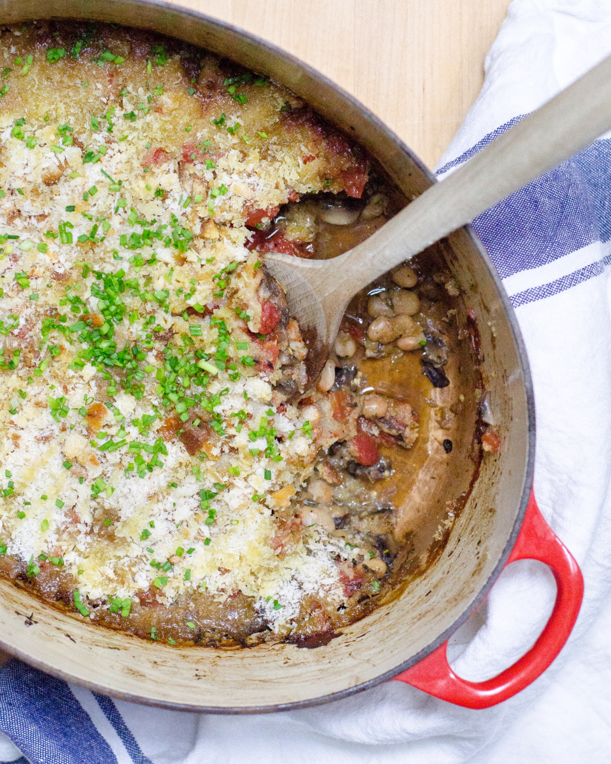 Vegetarian cassoulet recipe with mushrooms and eggplant that is super satisfying and delicious. The ultimate vegetarian comfort food!
