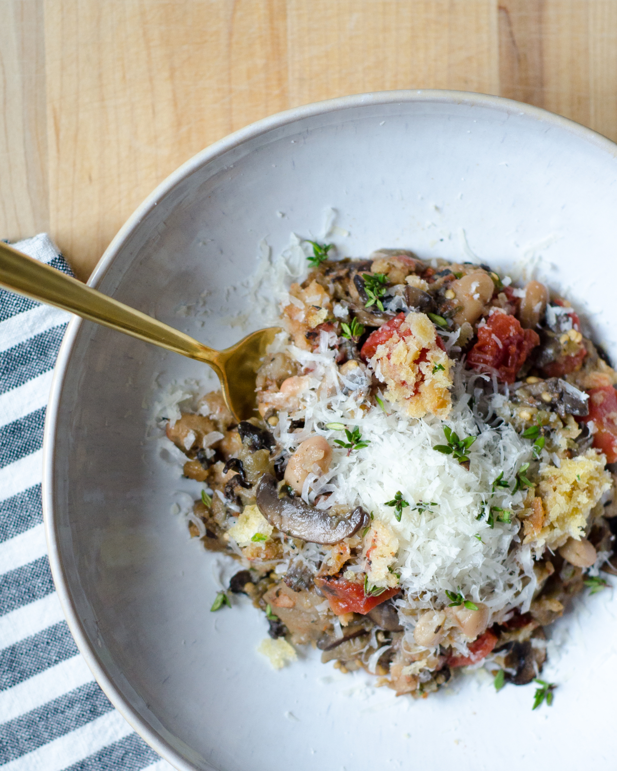 Vegetarian cassoulet recipe with mushrooms and eggplant that is super satisfying and delicious. The ultimate vegetarian comfort food!